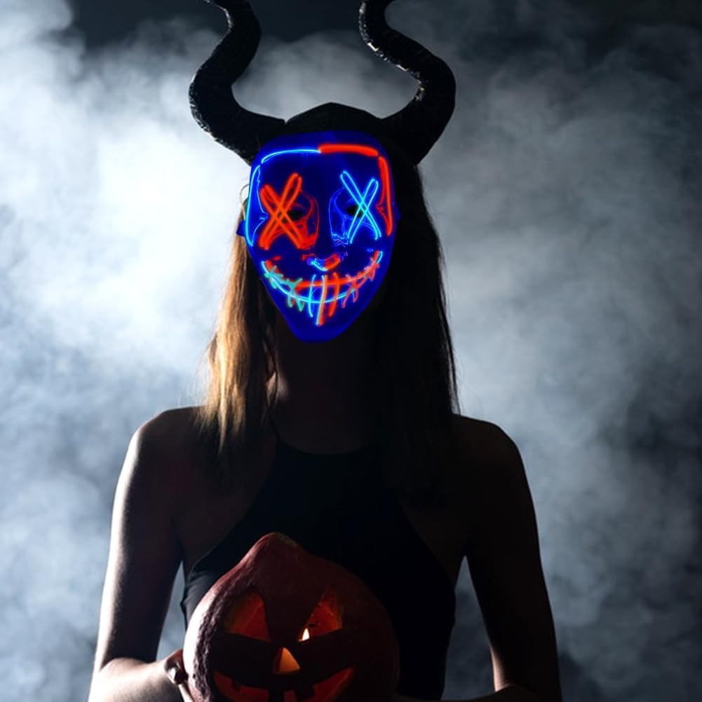 Halloween Mask, LED Scary Horror Smiling Expression Evil Character Mask Costume Mask for Cosplay Party Props, Halloween Costumes for Men Adults Kids Boys (Blue+Red) SFODTN