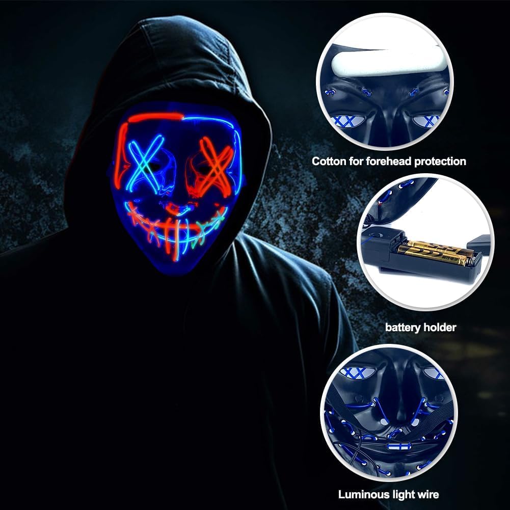 Halloween Mask, LED Scary Horror Smiling Expression Evil Character Mask Costume Mask for Cosplay Party Props, Halloween Costumes for Men Adults Kids Boys (Blue+Red) SFODTN