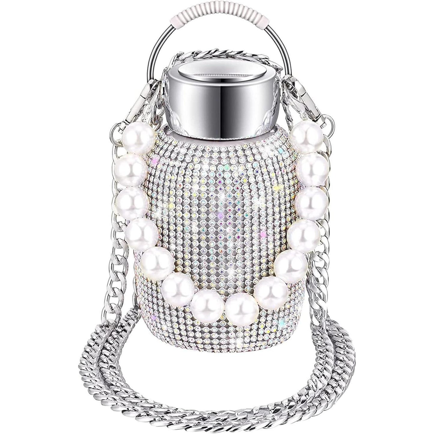 Water Bottle Rhinestone with Pearl Bracelet Chain Stainless Steel Bling Vacuum Flask Insulated Thermal Bottle Glitter Water Bottle for Women Christmas Birthday Gift,Silver No brand
