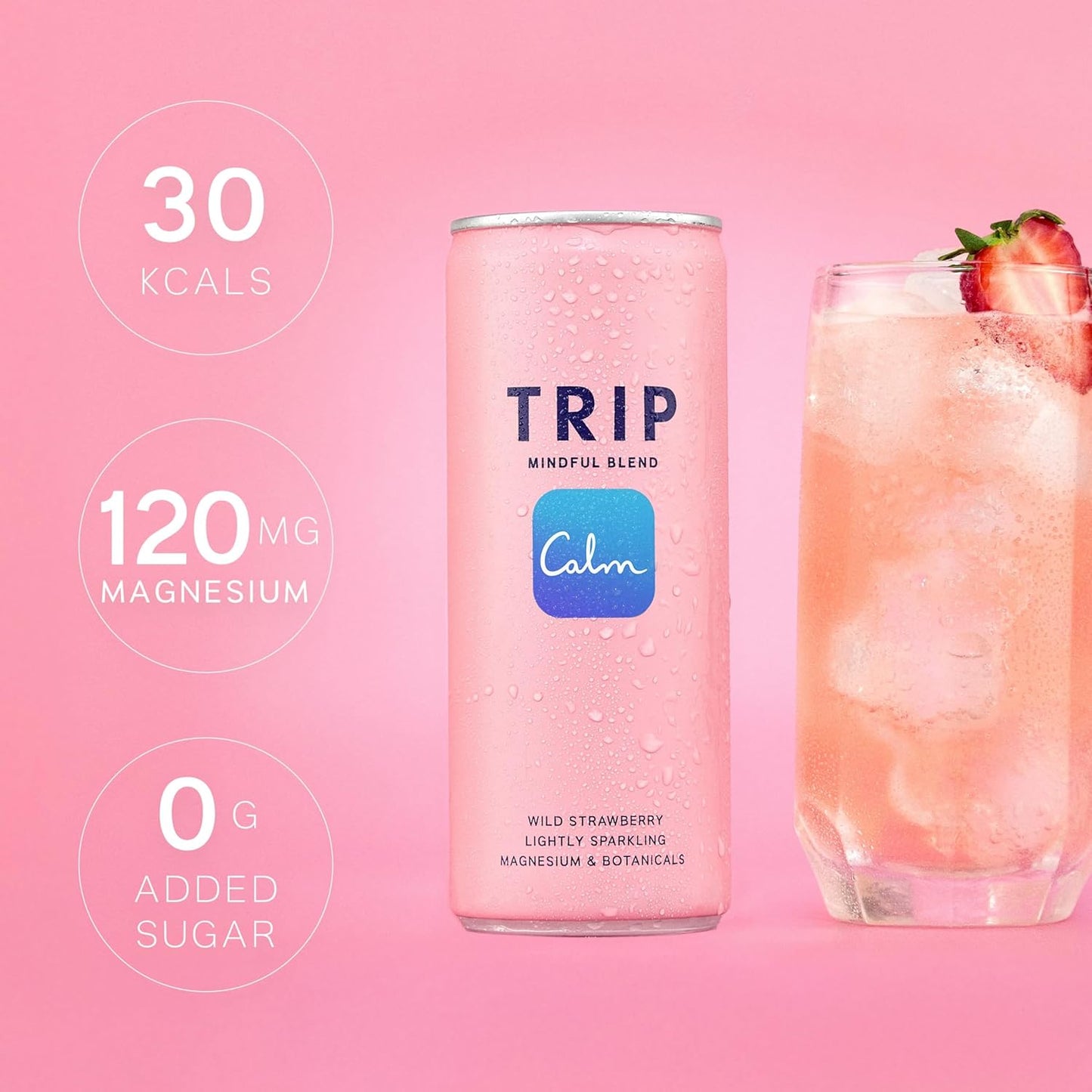 TRIP Mindful Blends - Wild Strawberry Sparkling Drink with 1440MG Magnesium Citrate + Lion’S Mane + Chamomile + Lemon Balm. Low Calorie, No Added Sugar and Vegan (Pack of 12 X 250Ml)