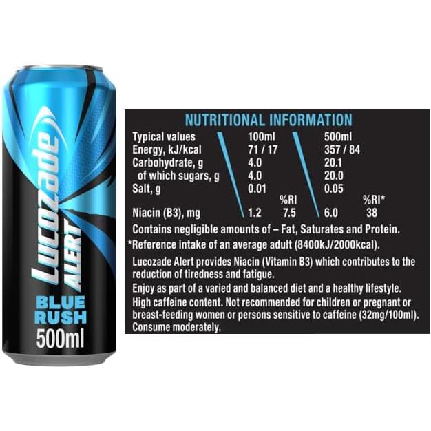 Lucozade Alert Energy Drink Blue Rush 500Ml (Pack of 12)