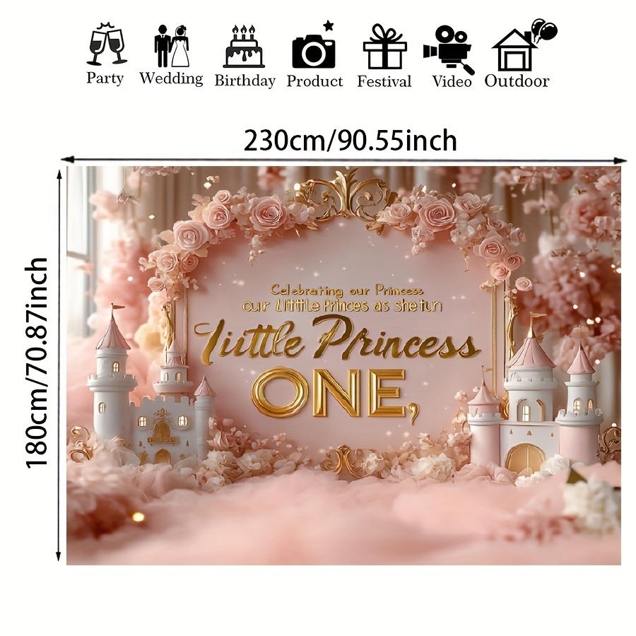 Charming Pink Floral And Castle-Themed Happy Birthday Backdrop - a Durable Vinyl Banner Featuring a 'Little Princess Is One' Design, Perfect for Commemorative Photos, Cake Tables, Outdoor Celebrations, And Birthday Party Decorations.