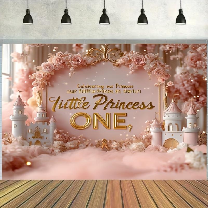 Charming Pink Floral And Castle-Themed Happy Birthday Backdrop - a Durable Vinyl Banner Featuring a 'Little Princess Is One' Design, Perfect for Commemorative Photos, Cake Tables, Outdoor Celebrations, And Birthday Party Decorations.