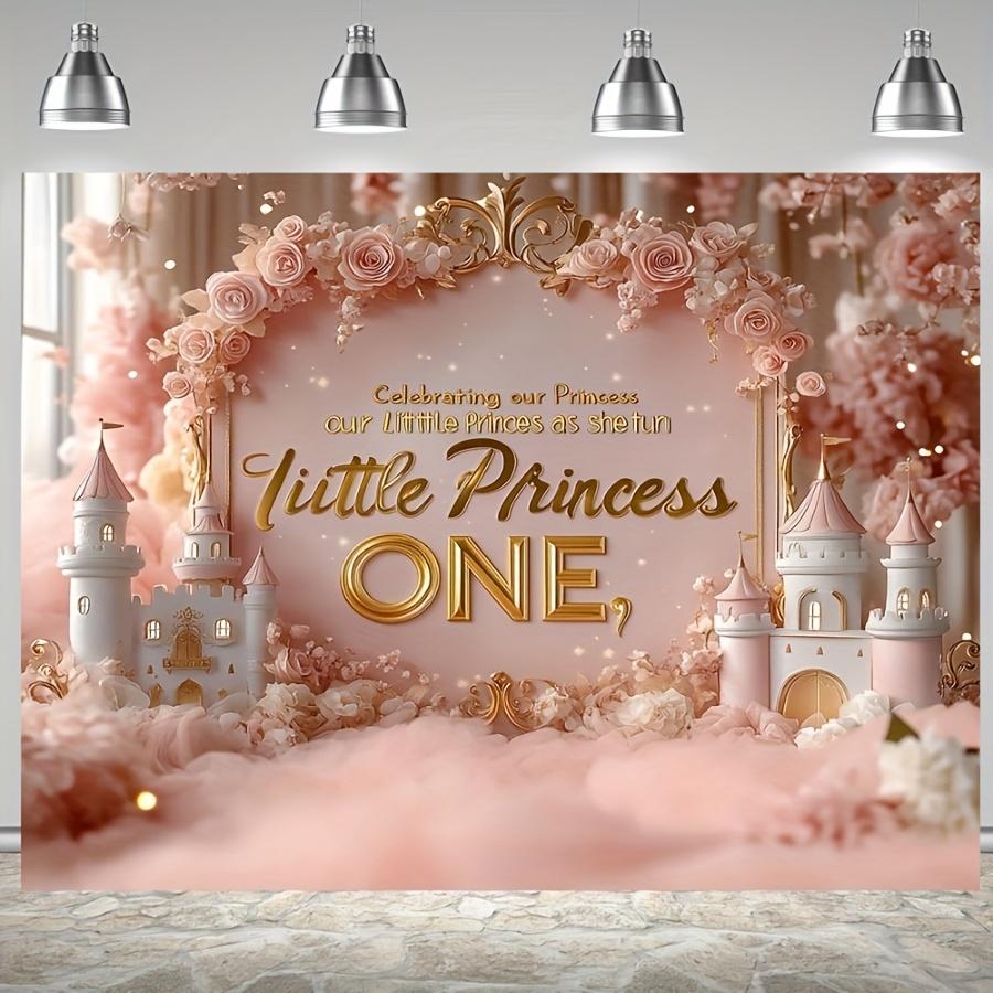 Charming Pink Floral And Castle-Themed Happy Birthday Backdrop - a Durable Vinyl Banner Featuring a 'Little Princess Is One' Design, Perfect for Commemorative Photos, Cake Tables, Outdoor Celebrations, And Birthday Party Decorations.