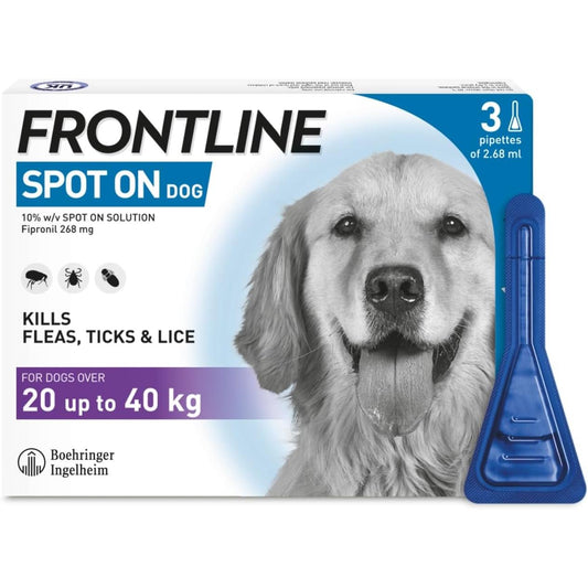 Frontline Spot On Flea & Tick Treatment for Large Dogs 20-40Kg 3 Pipettes Kills Fleas Ticks within 24 & 48 Hours Easy Application Monthly Protection