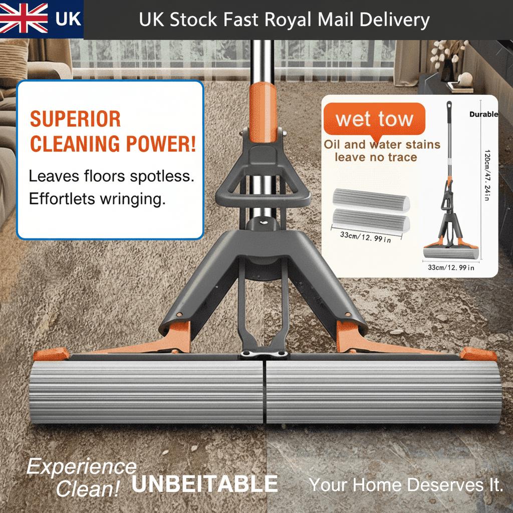 Superior Cleaning Power High Absorbency Sponge Mop Dual Fold Hands Free Washing Versatile Dry Wet Use Orange Gray Durable Plastic Handle for Kitchen Toilet Living Room Bathroom