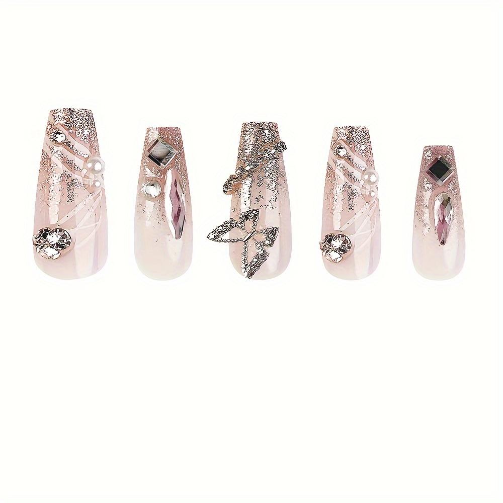 24pcs Handmade Acrylic Press On Nails - Manicure 3D Butterfly Rhinestones
