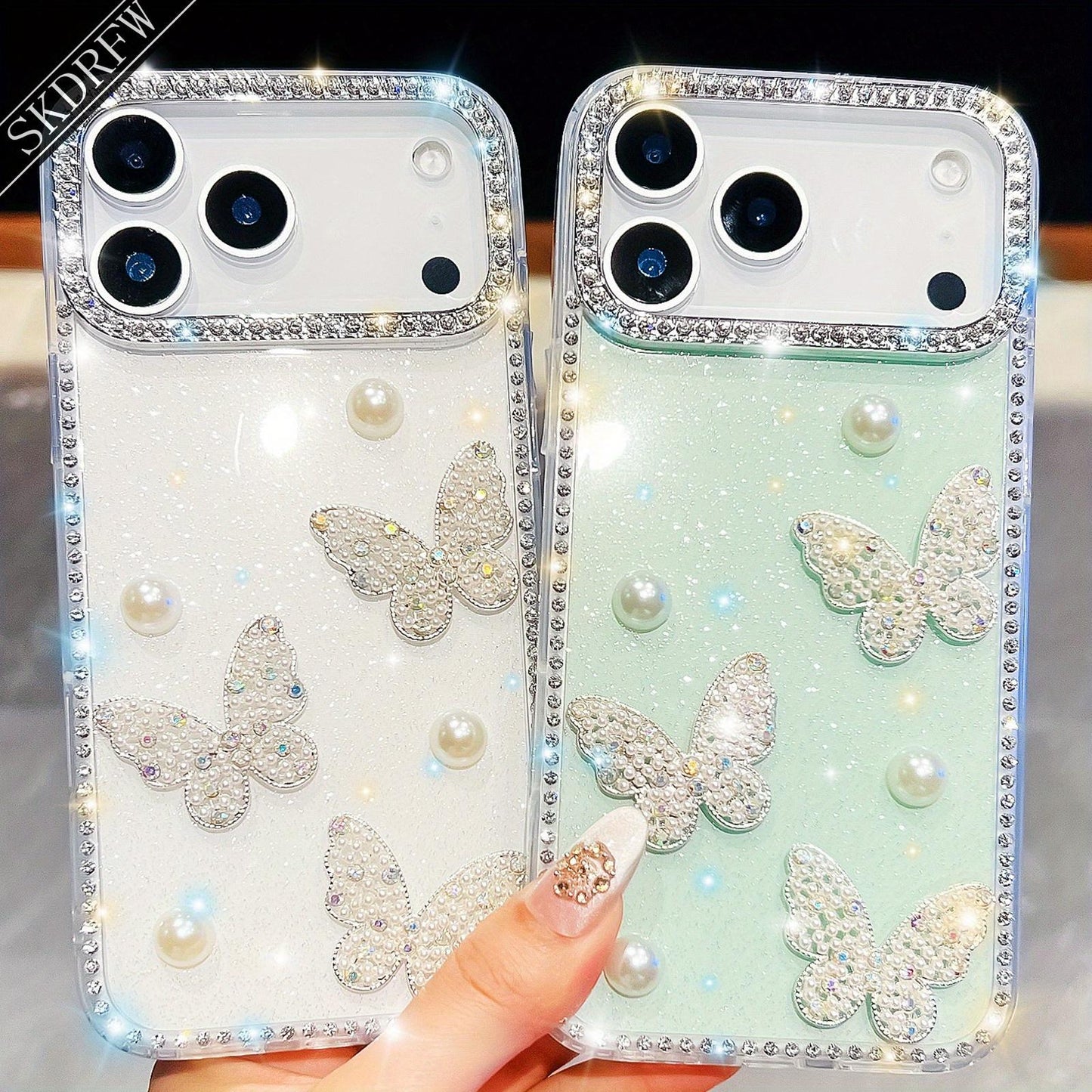 Luxurious Light Luxury Glittering Rhinestone Frame with Three-Dimensional Pearl Butterfly Phone Case for iPhone 17, 17 Air, 17 Pro, 17 Pro Max, 16, 16 Pro, 16 Pro Max, 16 Plus, 15, 15 Pro, 15 Pro Max, 14, 14 Pro, 14 Pro Max, 13, 13 Pro, 13 Pro Max, Phone