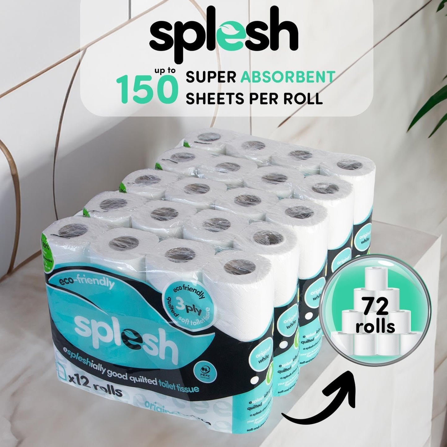 Splesh by Cusheen 3-Ply Toilet Roll - Unscented (72 Pack) Soft, Quilted Bulk Toilet Rolls, Toilet Tissue and Loo Rolls – Eco-Friendly Toilet Paper Sustainably Crafted in the UK
