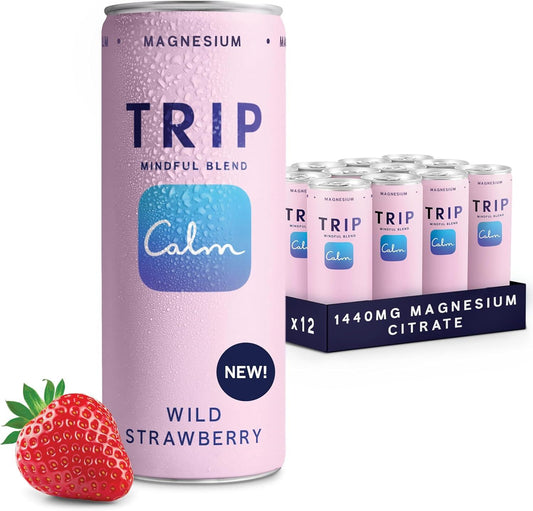 TRIP Mindful Blends - Wild Strawberry Sparkling Drink with 1440MG Magnesium Citrate + Lion’S Mane + Chamomile + Lemon Balm. Low Calorie, No Added Sugar and Vegan (Pack of 12 X 250Ml)