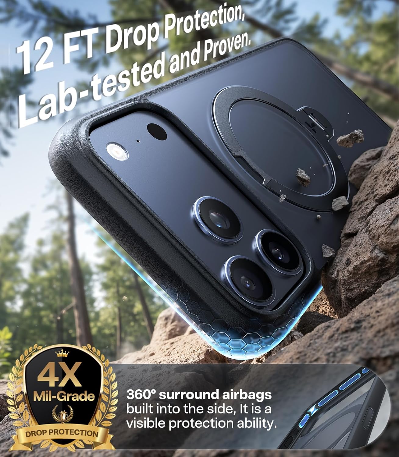 TORRAS Ostand Q3 Spin for iPhone 17 Pro Max Case – 360° Rotating Ring Stand, Camera Button Guard, 12FT Drop Protection, MagSafe Compatible, Black Smartphone Casing