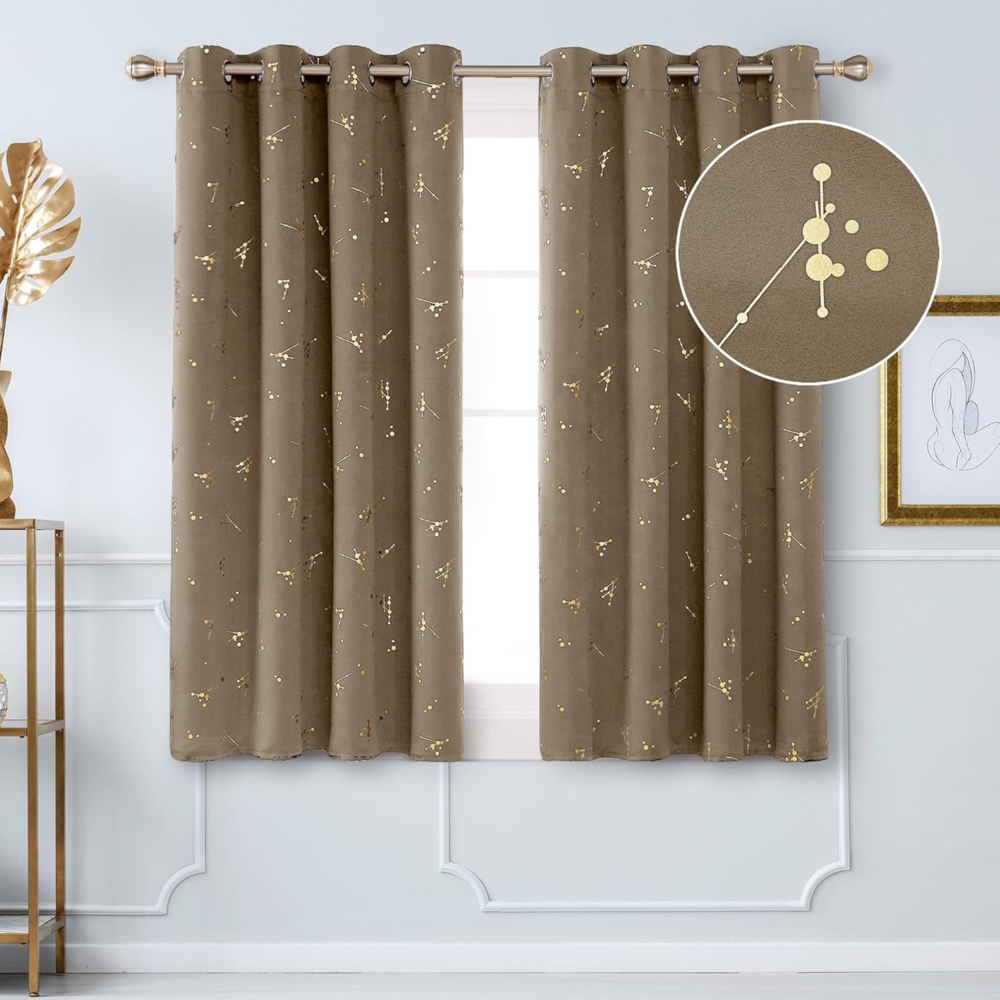 Deconovo Eyelet Blackout Curtains, Gold Constellation Printed Curtains Thermal Insulated