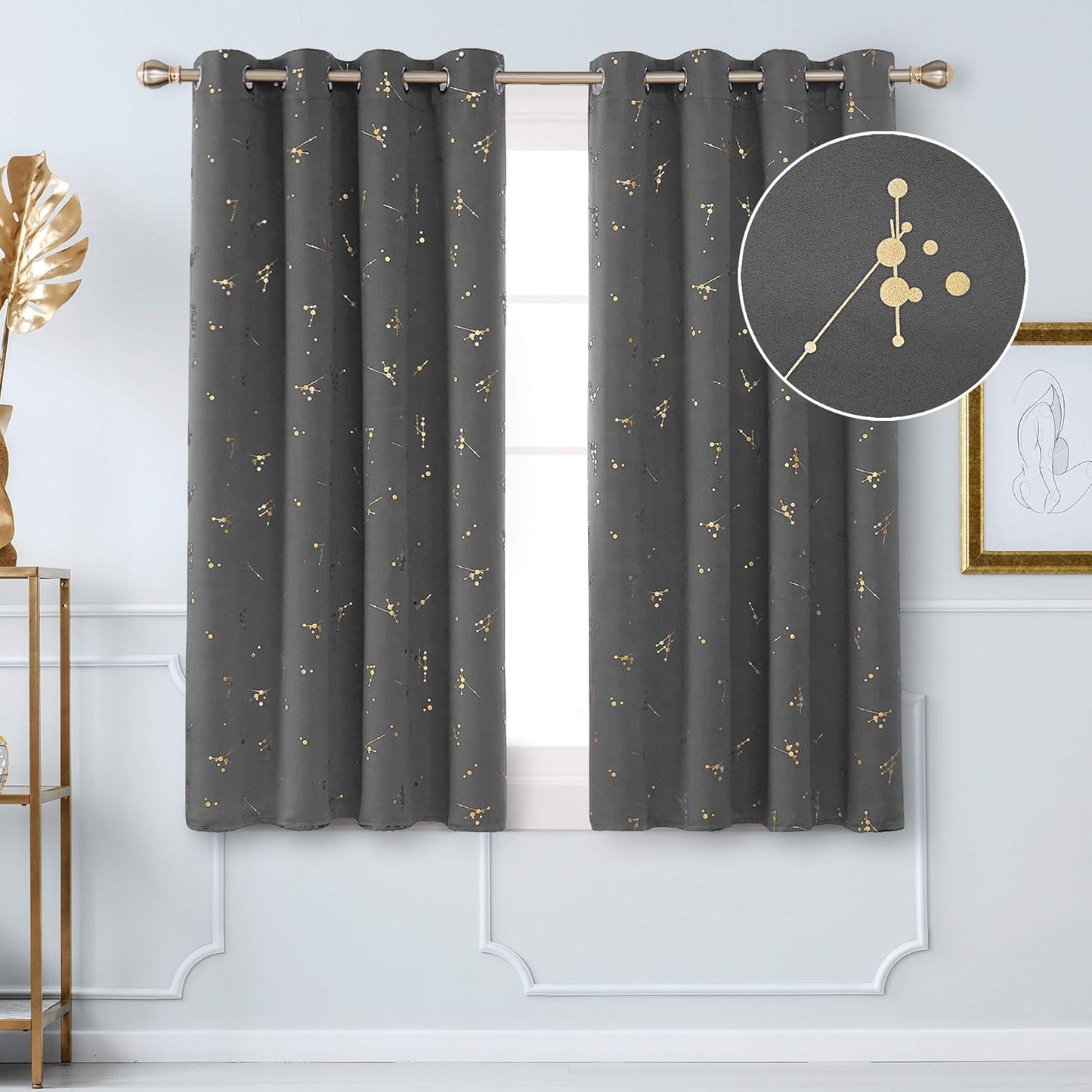 Deconovo Eyelet Blackout Curtains, Gold Constellation Printed Curtains Thermal Insulated