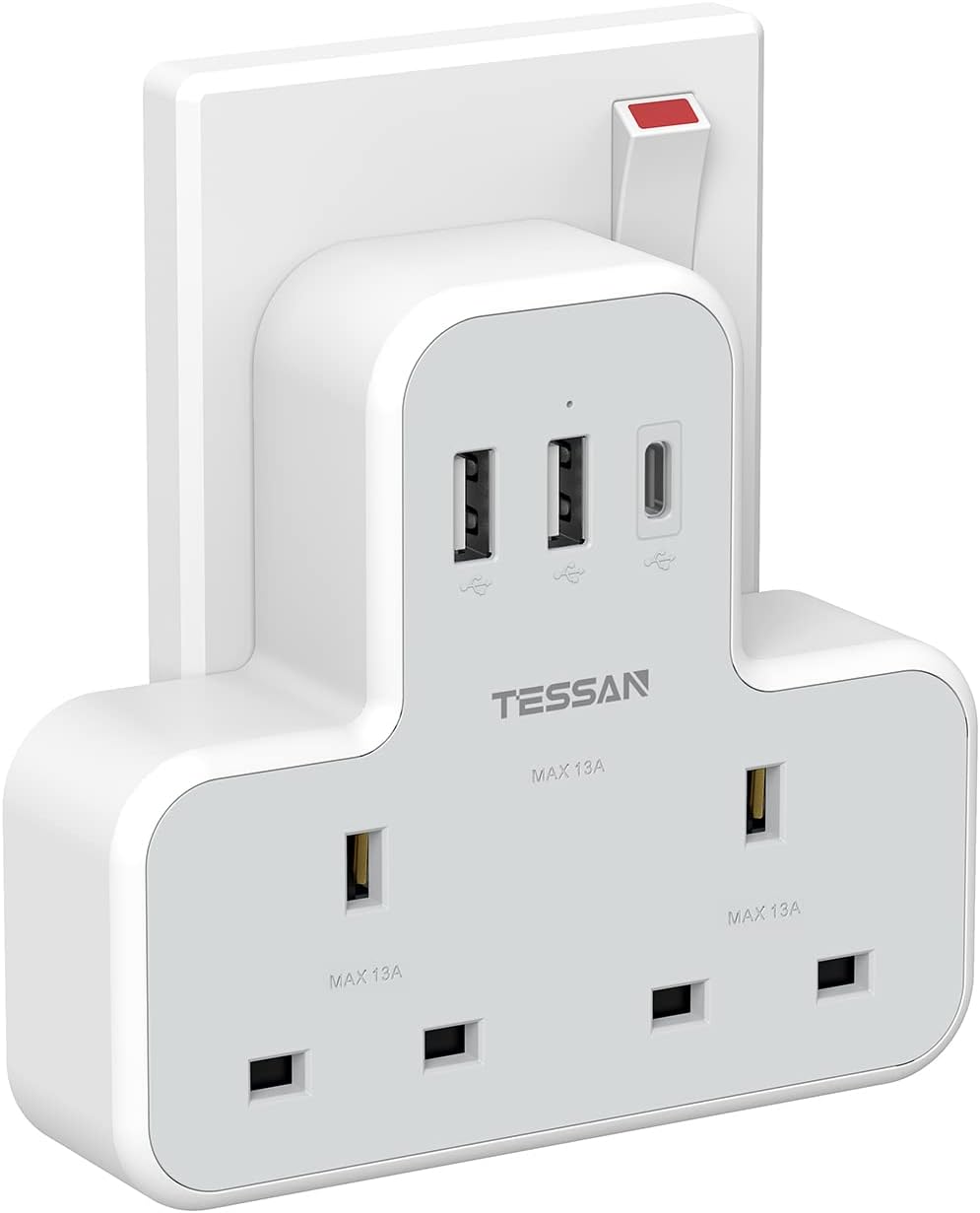 Plug Adapter with 3 USB Ports, TESSAN Double Plug Adaptor UK, 2 Way Multiplug Extension with USB Charger, Slim Power Extender for Kitchen, Office, School Supplies