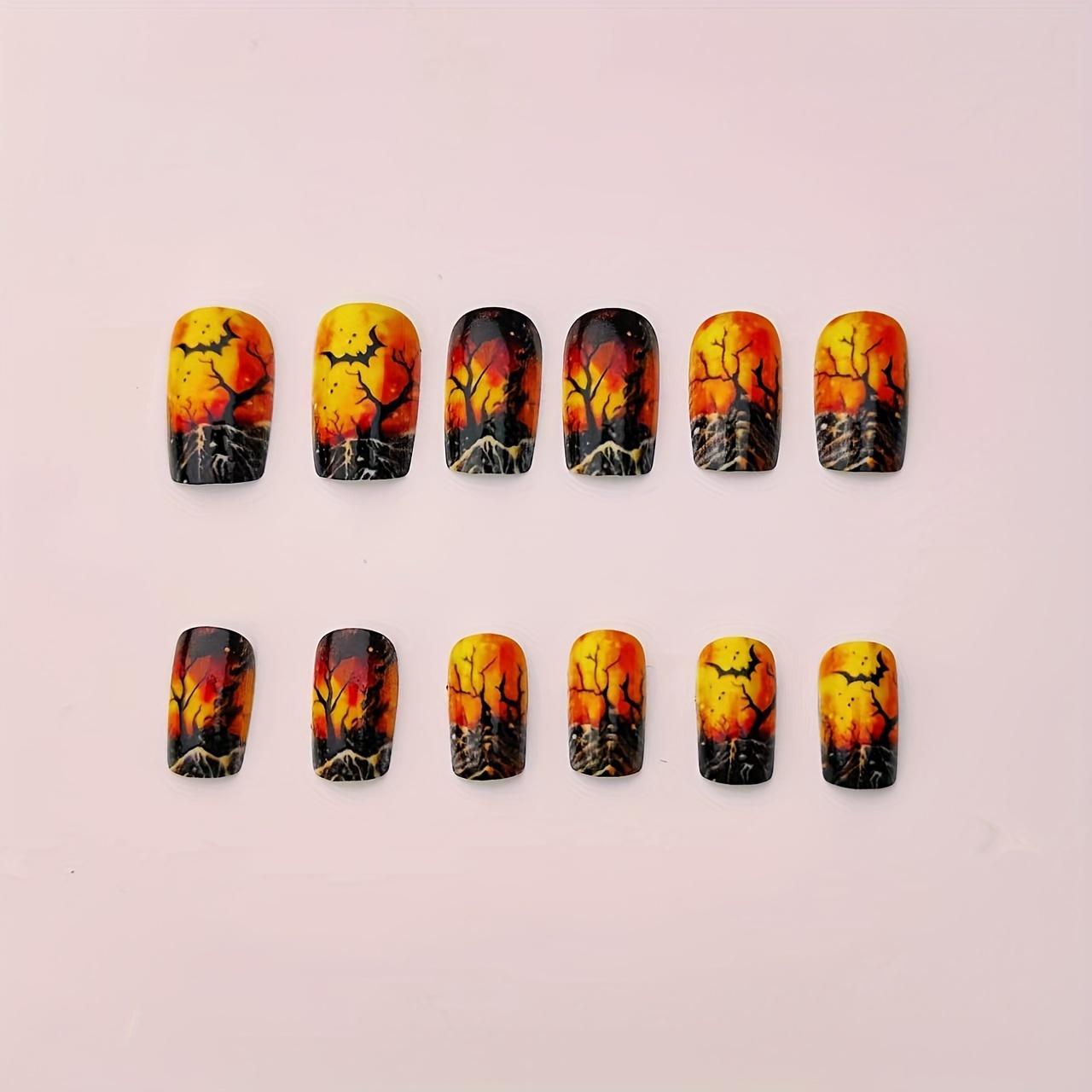 24pcs Halloween Press-On Nails - Black & Orange  Fake Nails Halloween Nail Art
