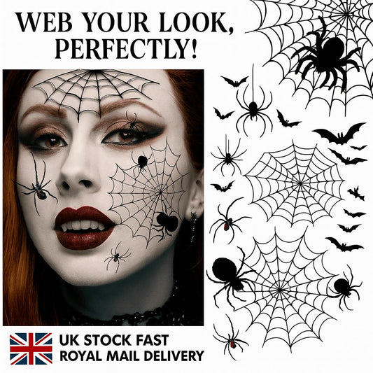 Halloween Temporary Tattoos - 1 Sheet Waterproof Realistic Spider Web, Spiders & Bats Design | Long-Lasting Fake Tattoo Stickers for Adults | Oblong Shape for Arm, Thigh, Leg, Forearm, Shank
