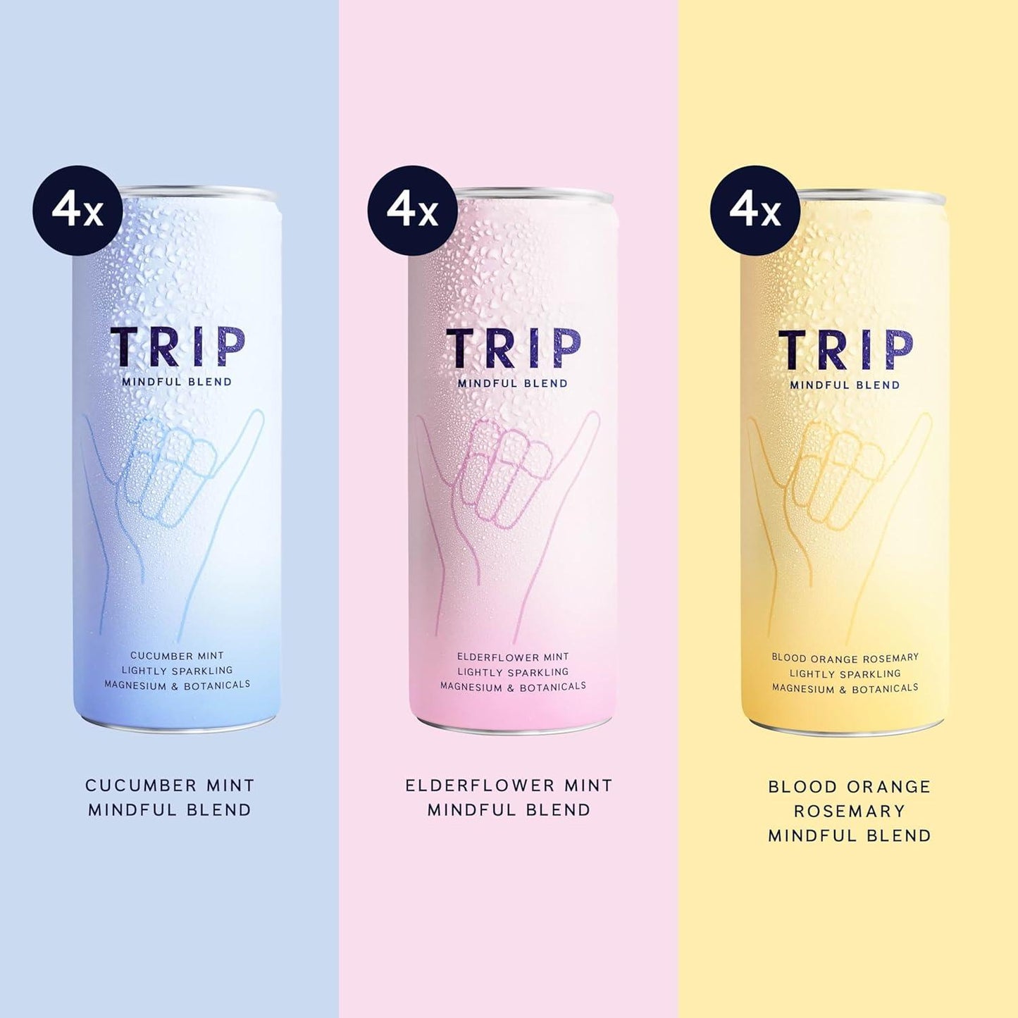 TRIP Mindful Blends Mixed Pack Sparkling Drink 1440MG Magnesium Lion’s Mane Chamomile Lemon Balm Low Calorie Vegan 12 X 250ML Natural Fruit Beverage