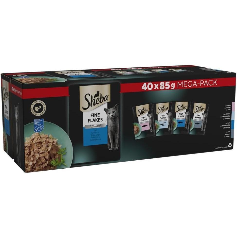 Sheba Fine Flakes in Jelly – Fish Collection – Wet Cat Food Pouches for Adult Cats – 40X85G Pack