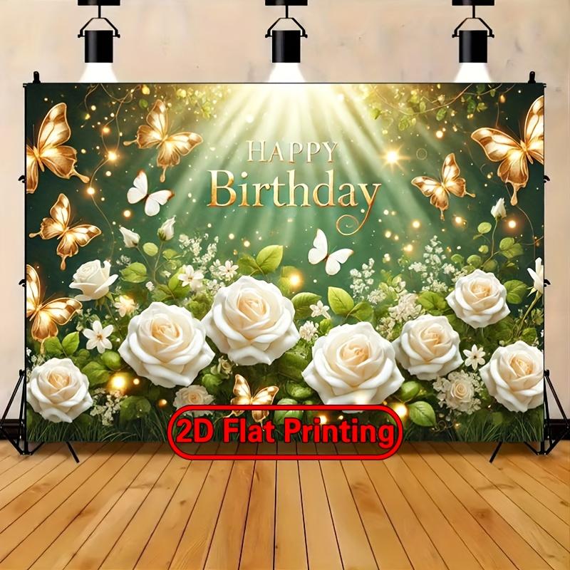 2D FLAT Printing Banner, 1pc Vibrant Polyester Backdrop with Golden Butterflies & White Roses - Perfect for Birthdays, Weddings, and Holiday Celebrations, Easy Setup & Reusable, 243.84x182.88cm, Holiday Backdrop | Golden Butterfly Design