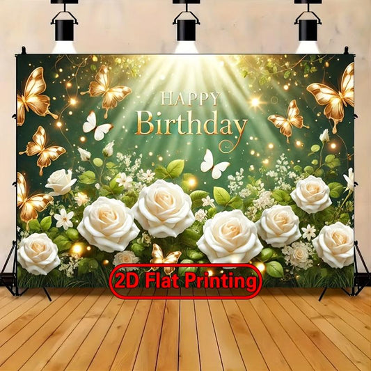 2D FLAT Printing Banner, 1pc Vibrant Polyester Backdrop with Golden Butterflies & White Roses - Perfect for Birthdays, Weddings, and Holiday Celebrations, Easy Setup & Reusable, 243.84x182.88cm, Holiday Backdrop | Golden Butterfly Design