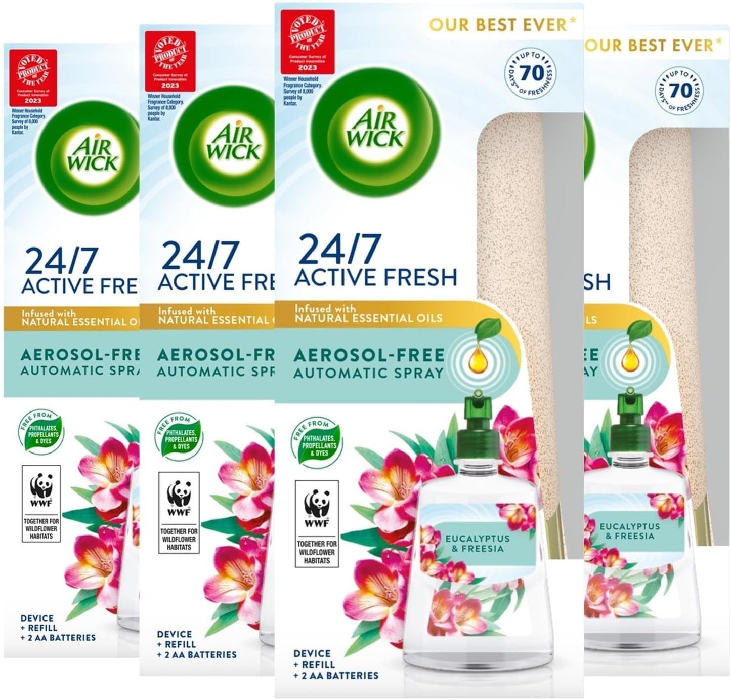 Air Wick Aerosol-Free Automatic Air Freshener Spray Kit, Eucalyptus & Freesia, 1 Gadget & 1 Refill (228Ml), 24X7 Active Fresh Odour Neutraliser, Lasts up to 70 Days, Air Freshener for Home