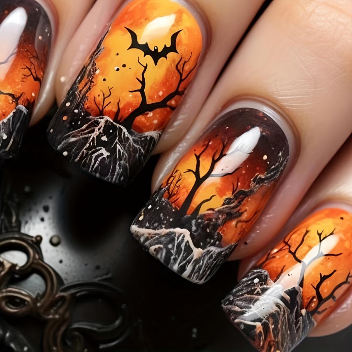 24pcs Halloween Press-On Nails - Black & Orange  Fake Nails Halloween Nail Art