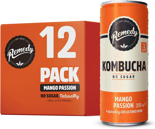 Remedy Kombucha Mango Passion Sparkling Live Cultured Soft Drink 12 x 250ml No Sugar Probiotic for Gut Health Natural Fruity Taste