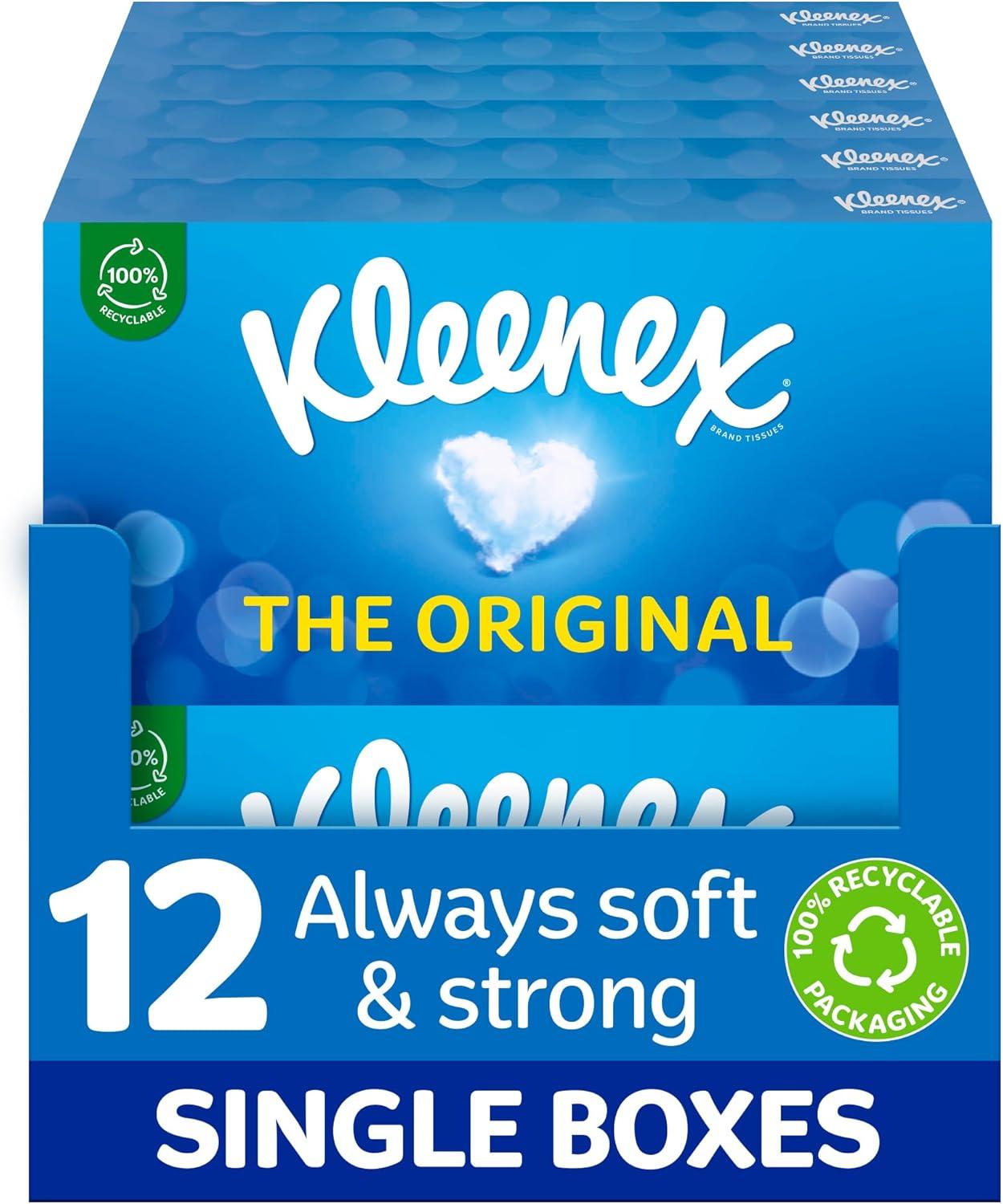 Kleenex Original Facial Tissues - Pack of 12 Tissue Boxes - Soft Tissues for Everyday Use - Gentle on Your Family'S Skin with a Touch of Cotton