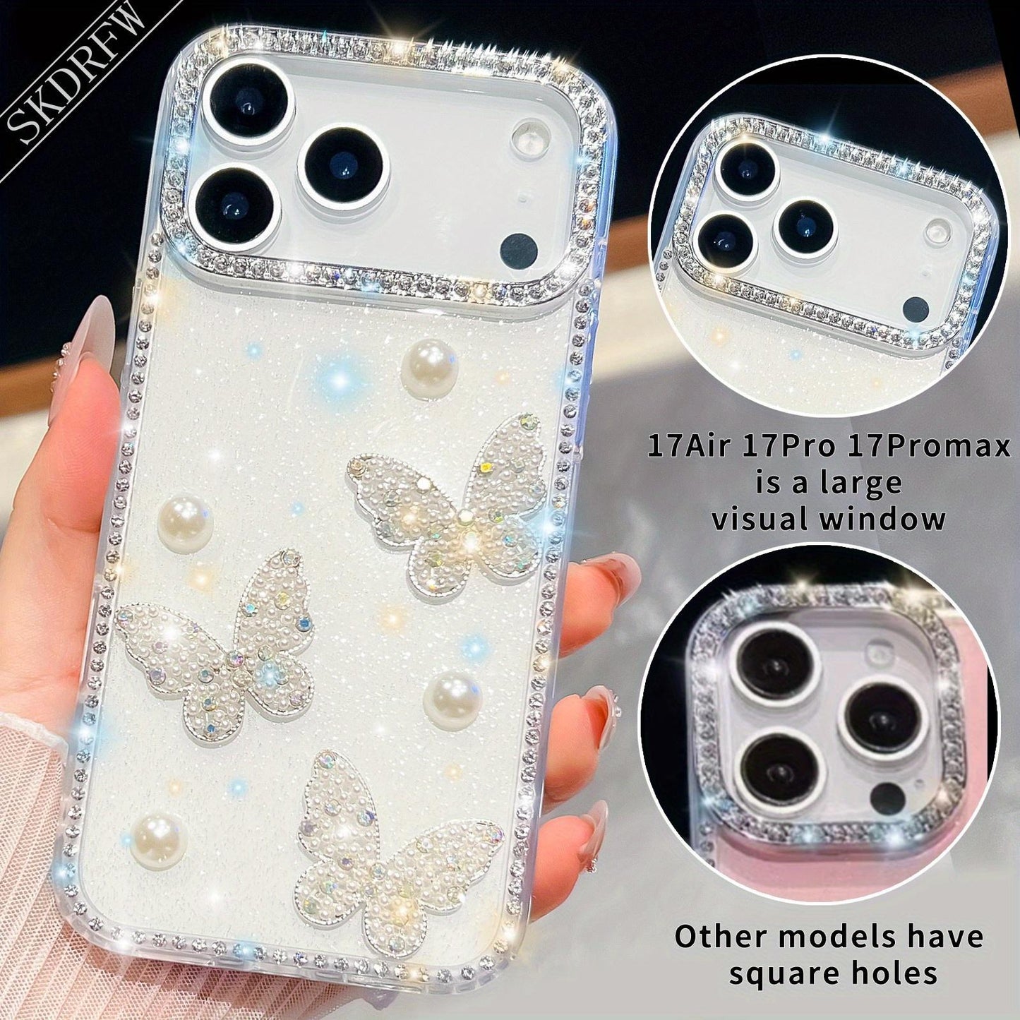Luxurious Light Luxury Glittering Rhinestone Frame with Three-Dimensional Pearl Butterfly Phone Case for iPhone 17, 17 Air, 17 Pro, 17 Pro Max, 16, 16 Pro, 16 Pro Max, 16 Plus, 15, 15 Pro, 15 Pro Max, 14, 14 Pro, 14 Pro Max, 13, 13 Pro, 13 Pro Max, Phone