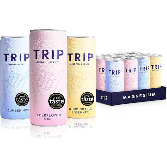 TRIP Mindful Blends Mixed Pack Sparkling Drink 1440MG Magnesium Lion’s Mane Chamomile Lemon Balm Low Calorie Vegan 12 X 250ML Natural Fruit Beverage