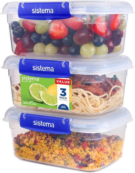 Sistema KLIP IT plus Leakproof Food Storage Containers | 1 L | Airtight, Stackable & Nestable Meal Prep Containers with Lids | School Lunch Boxes | 3 Count Newell Brands