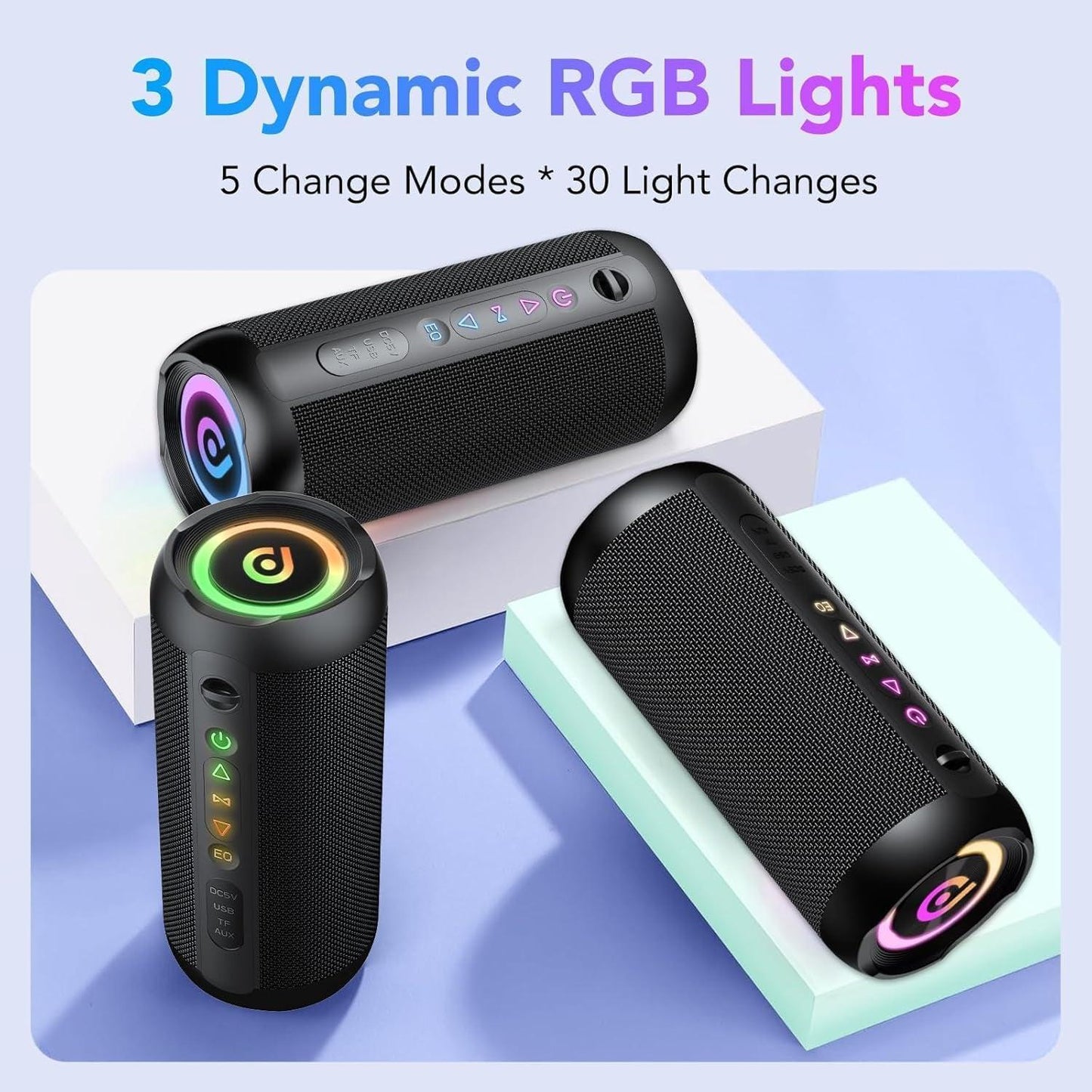Taopodo Portable Bluetooth Speaker with 30W Stereo Sound, 3 EQ Mode & 3 RGB Lights, IPX7 Waterproof, 30H Playtime, TWS Wireless Pairing, Outdoor Speaker for Home, Outdoors and Hiking