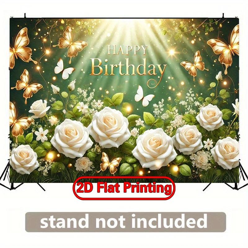 2D FLAT Printing Banner, 1pc Vibrant Polyester Backdrop with Golden Butterflies & White Roses - Perfect for Birthdays, Weddings, and Holiday Celebrations, Easy Setup & Reusable, 243.84x182.88cm, Holiday Backdrop | Golden Butterfly Design