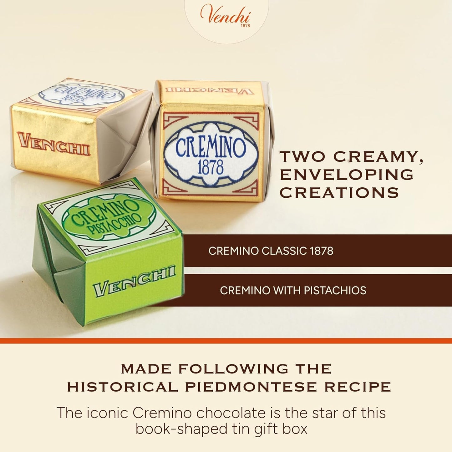 Venchi – Mini Tin Book Firenze with Cremini Chocolates, Classic 1878 and Pistachio Flavours, 6.06 Oz, Gluten-Free, No Artificial Colours, No Preservatives, Gift Idea