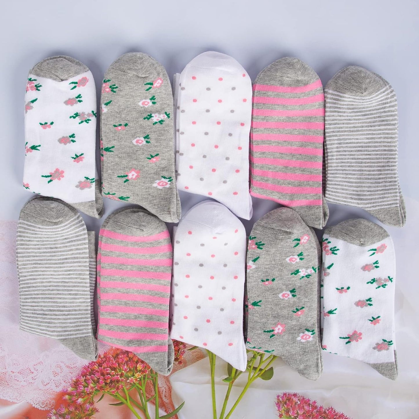 Chalier 10 Pairs Womens Socks Cotton Soft Ladies Patterned Stripes and Spotts Socks for Womens Girls, Orange, One Size