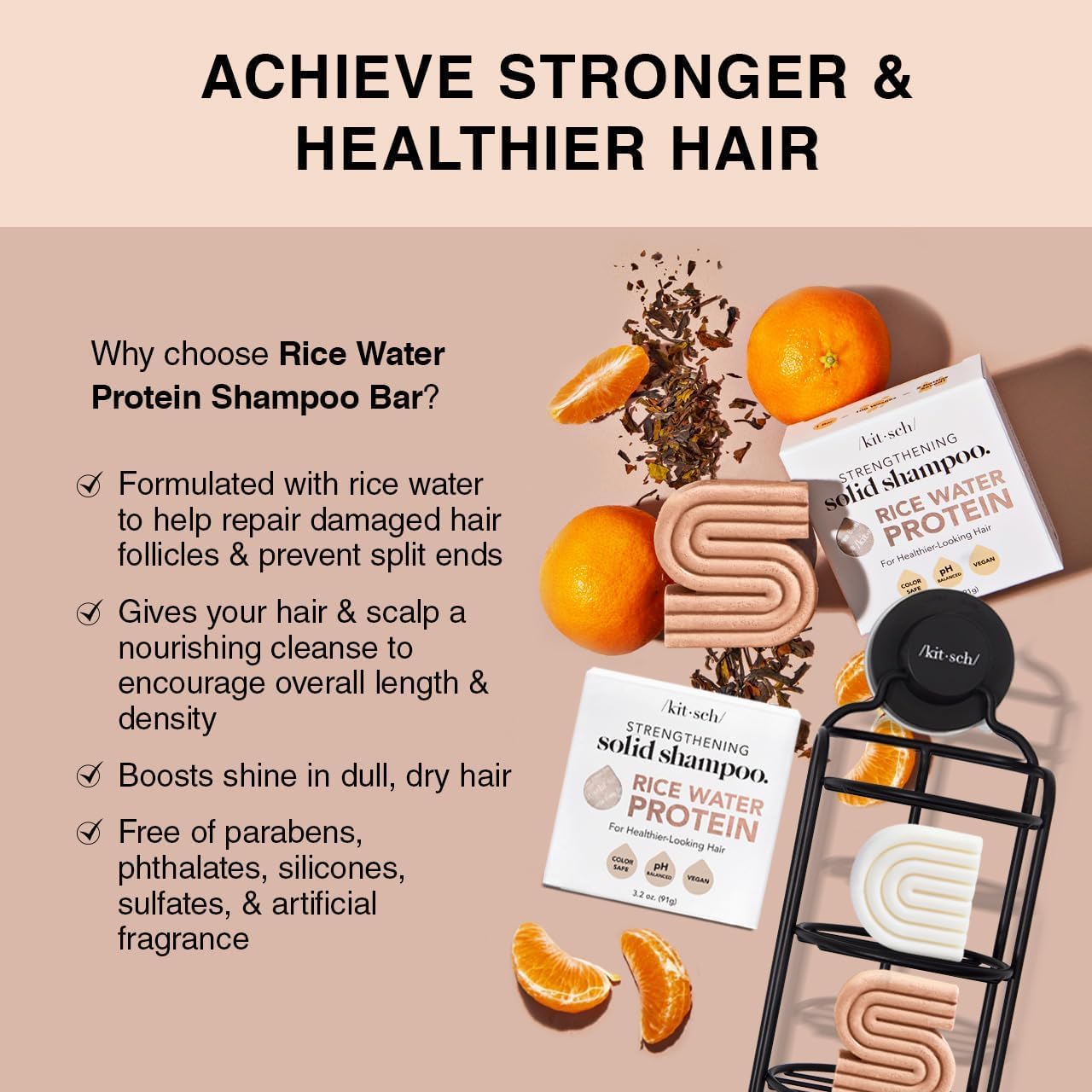 Kitsch Rice Water Shampoo & Conditioner Set - Solid Shampoo Bar & Conditioner Bar with Protein for Strengthening & Damage Repair - Paraben, Sulfate and Silicone Free - Nourishing Hair Care Set, 2Pcs