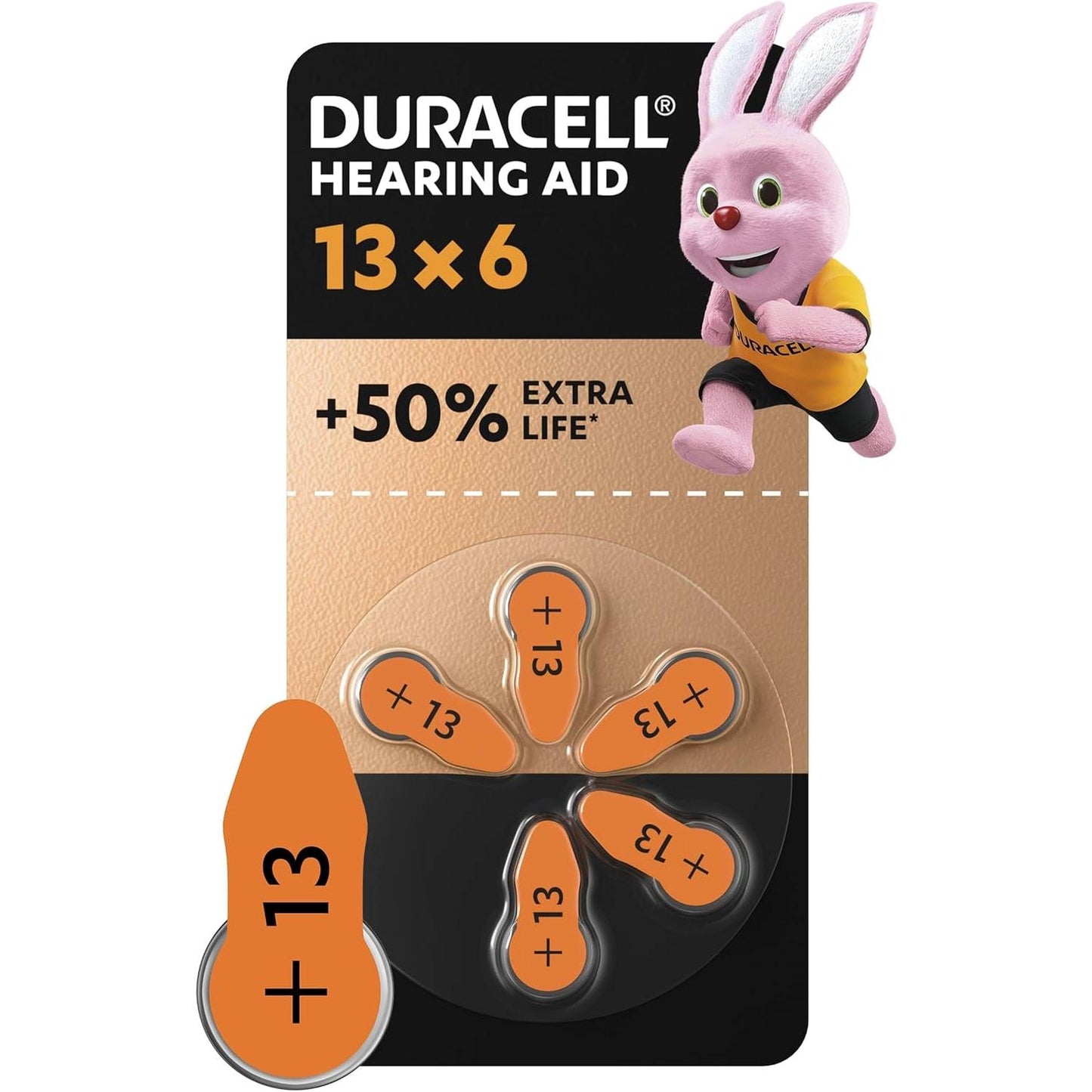 Duracell Size 13 Hearing Aids Batteries (Pack of 6) +50% Extra Life, Easy Installation, 100% Recyclable Packaging, Guaranteed 4 Years in Storage