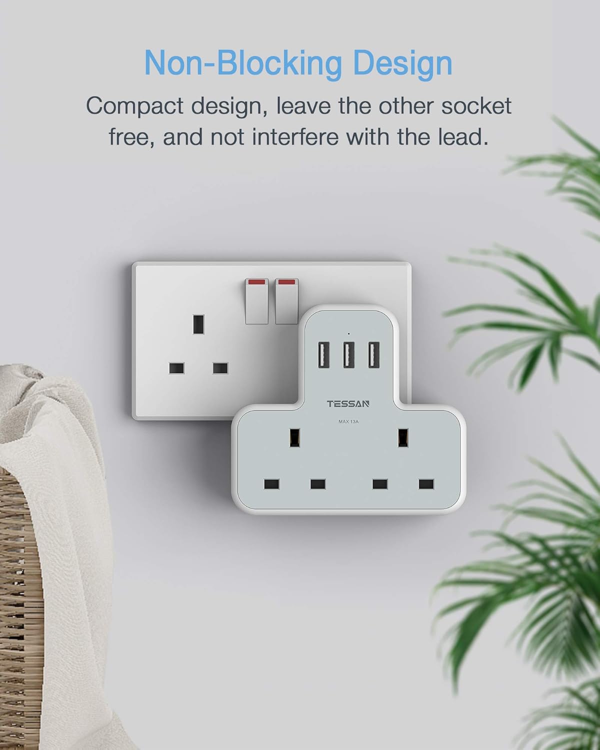 Plug Adapter with 3 USB Ports, TESSAN Double Plug Adaptor UK, 2 Way Multiplug Extension with USB Charger, Slim Power Extender for Kitchen, Office, School Supplies