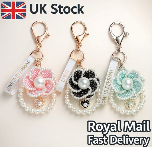 Luxury Pearl Chain Camellia Weave Handmade Keychain Car Key Ring Bag Pendant Accessories Keyfob Women Girl Keyring Gift Jewelry No brand