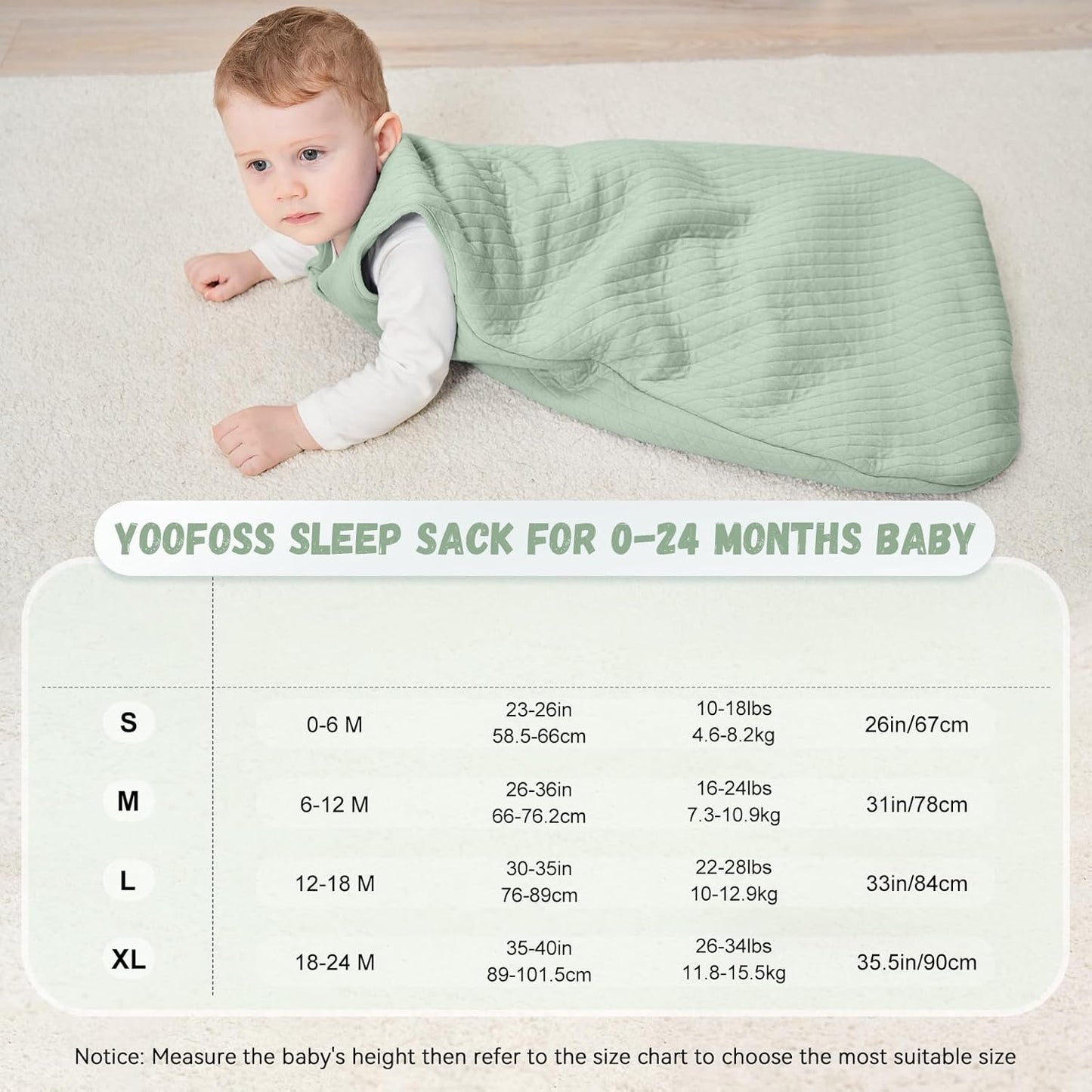 Baby Sleeping Bag 6-12 Months 100% Cotton TOG 2.5 Winter Toddler Sleep Sack Wearable Blanket for Infant Toddler Green