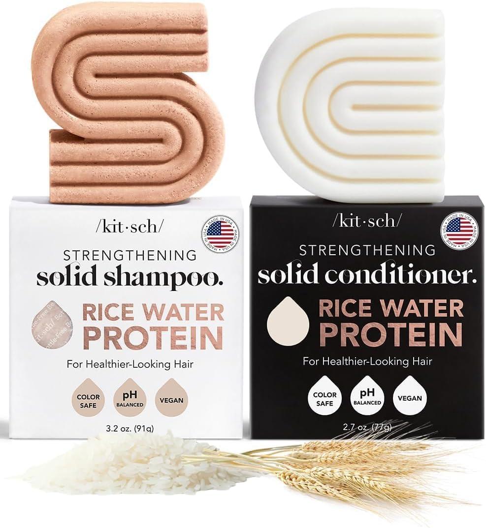Kitsch Rice Water Shampoo & Conditioner Set - Solid Shampoo Bar & Conditioner Bar with Protein for Strengthening & Damage Repair - Paraben, Sulfate and Silicone Free - Nourishing Hair Care Set, 2Pcs