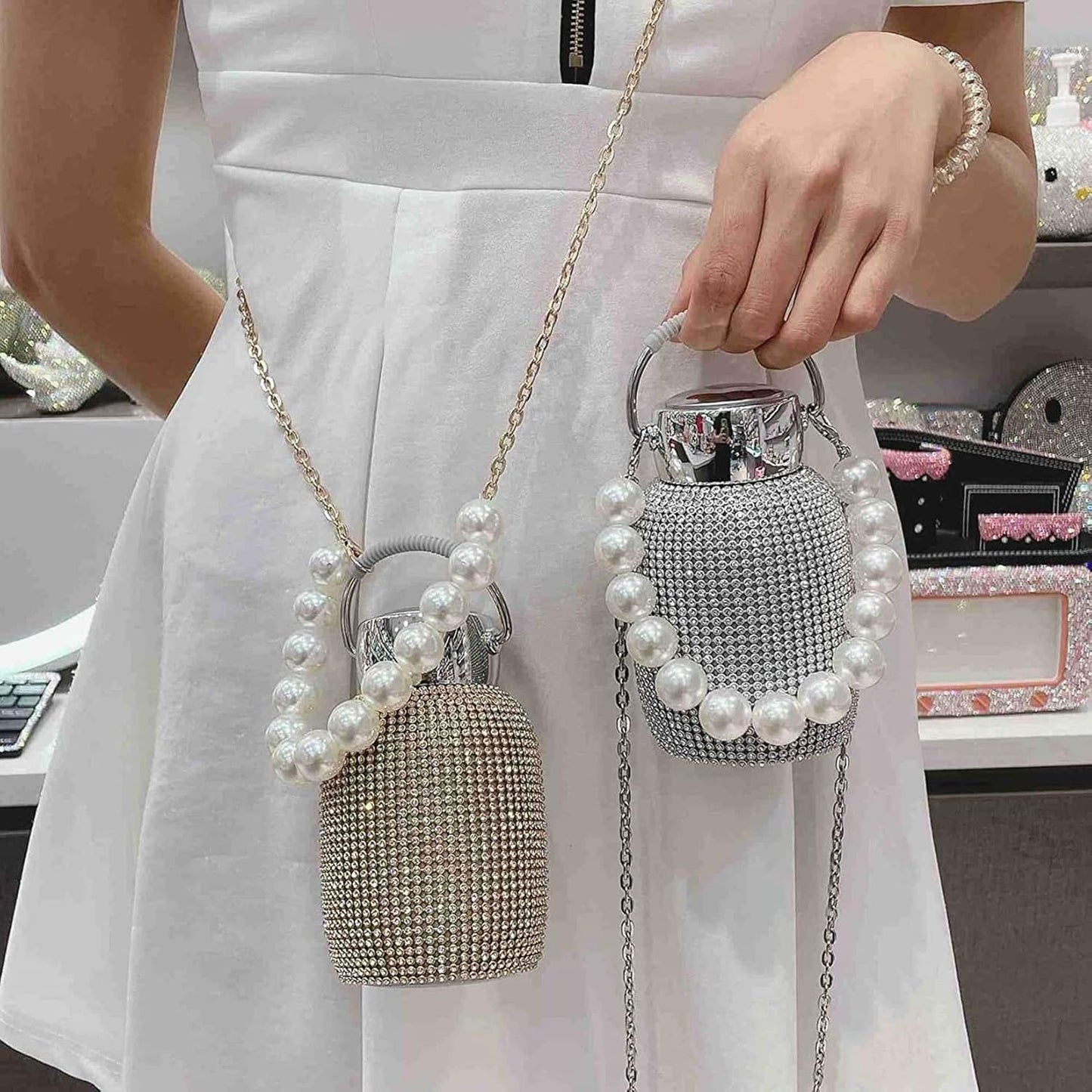Water Bottle Rhinestone with Pearl Bracelet Chain Stainless Steel Bling Vacuum Flask Insulated Thermal Bottle Glitter Water Bottle for Women Christmas Birthday Gift,Silver No brand