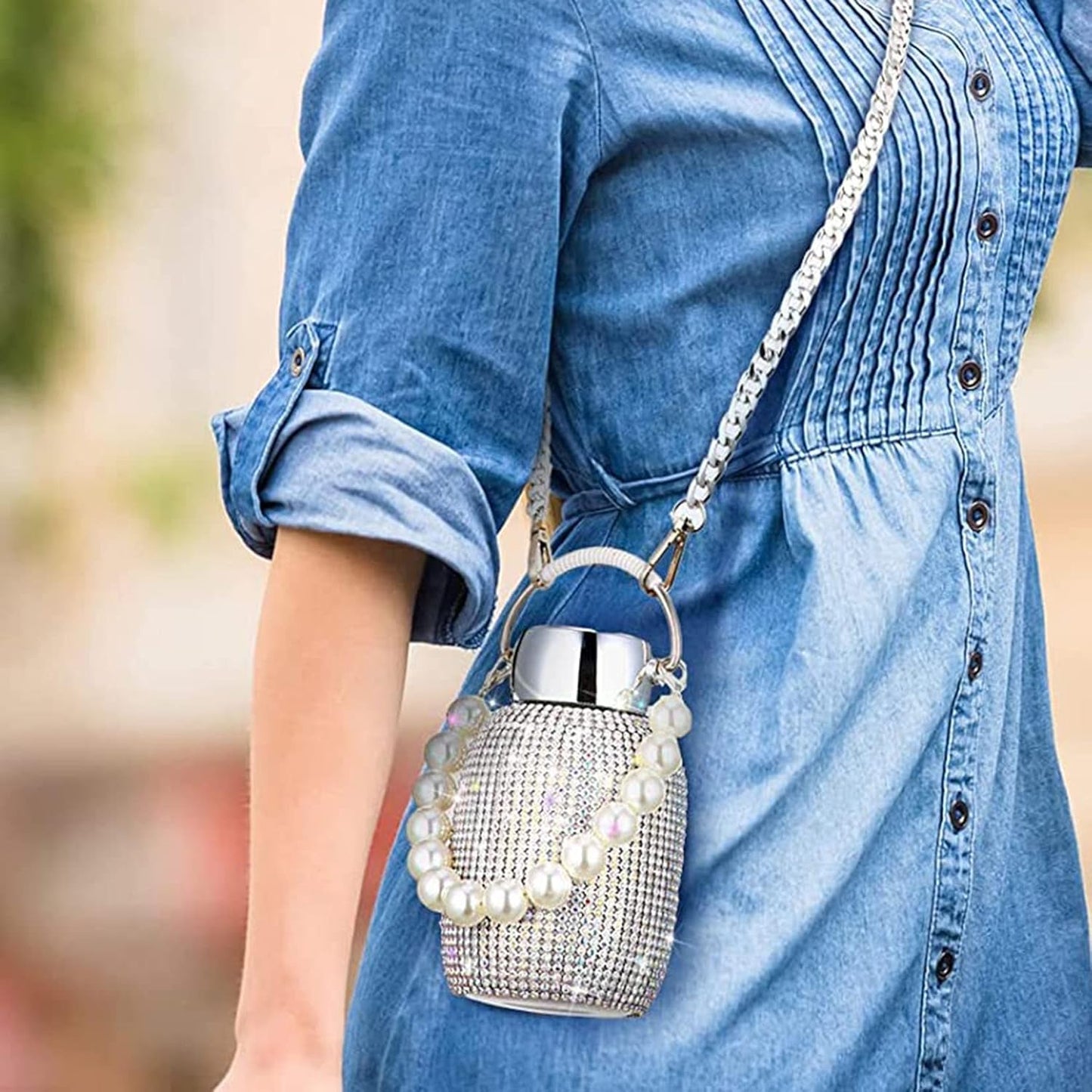 Water Bottle Rhinestone with Pearl Bracelet Chain Stainless Steel Bling Vacuum Flask Insulated Thermal Bottle Glitter Water Bottle for Women Christmas Birthday Gift,Silver No brand