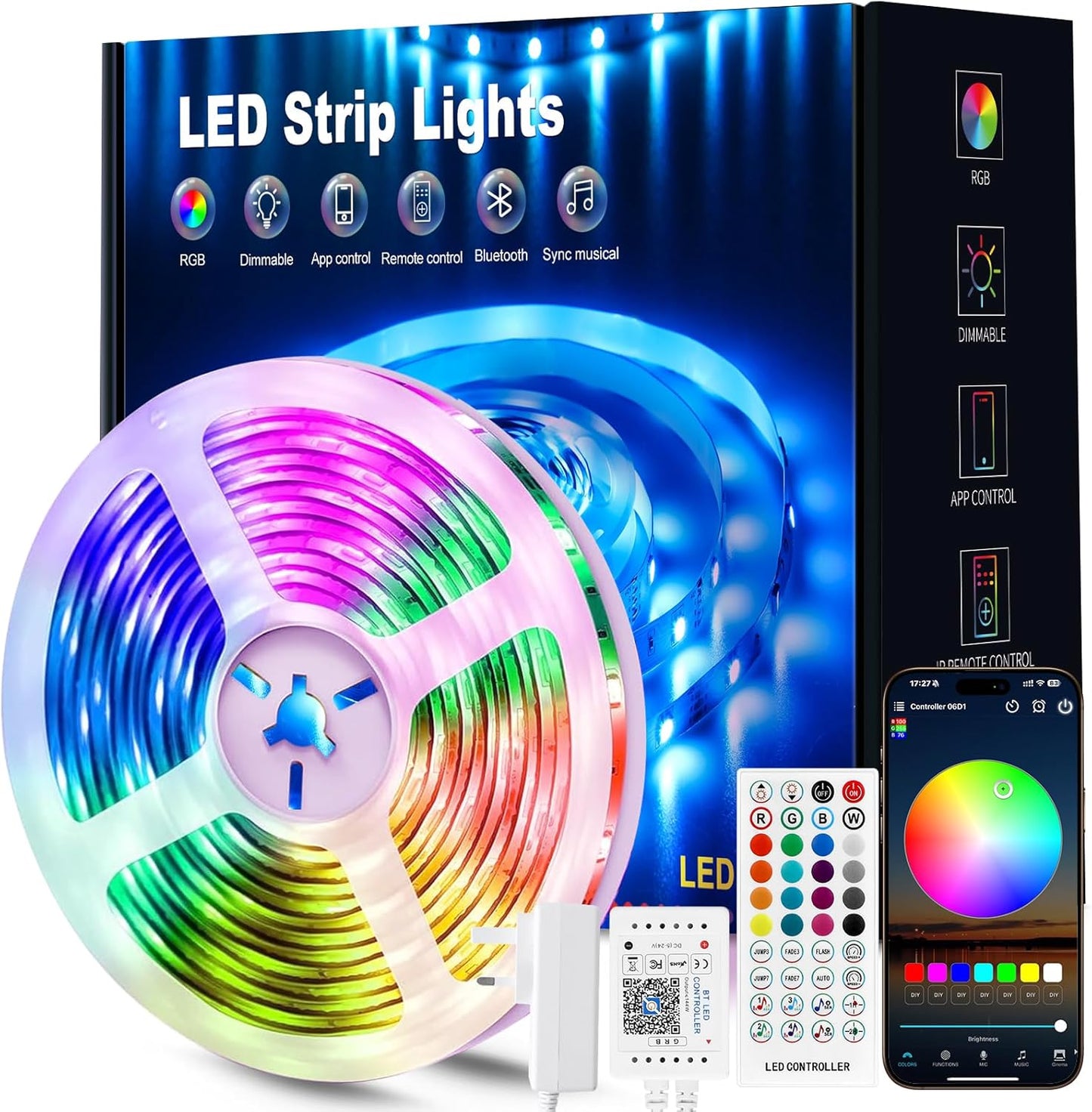 LED Strip Light 5M, RGB Music Sync Colour Changing LED Lights for Bedroom, Smart Ambient Lights with Bluetooth App & Remote Control, Flexible Design for Gaming, Ceiling, and Home Decoration unbranded