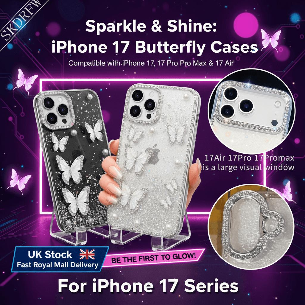 Luxurious Light Luxury Glittering Rhinestone Frame with Three-Dimensional Pearl Butterfly Phone Case for iPhone 17, 17 Air, 17 Pro, 17 Pro Max, 16, 16 Pro, 16 Pro Max, 16 Plus, 15, 15 Pro, 15 Pro Max, 14, 14 Pro, 14 Pro Max, 13, 13 Pro, 13 Pro Max, Phone