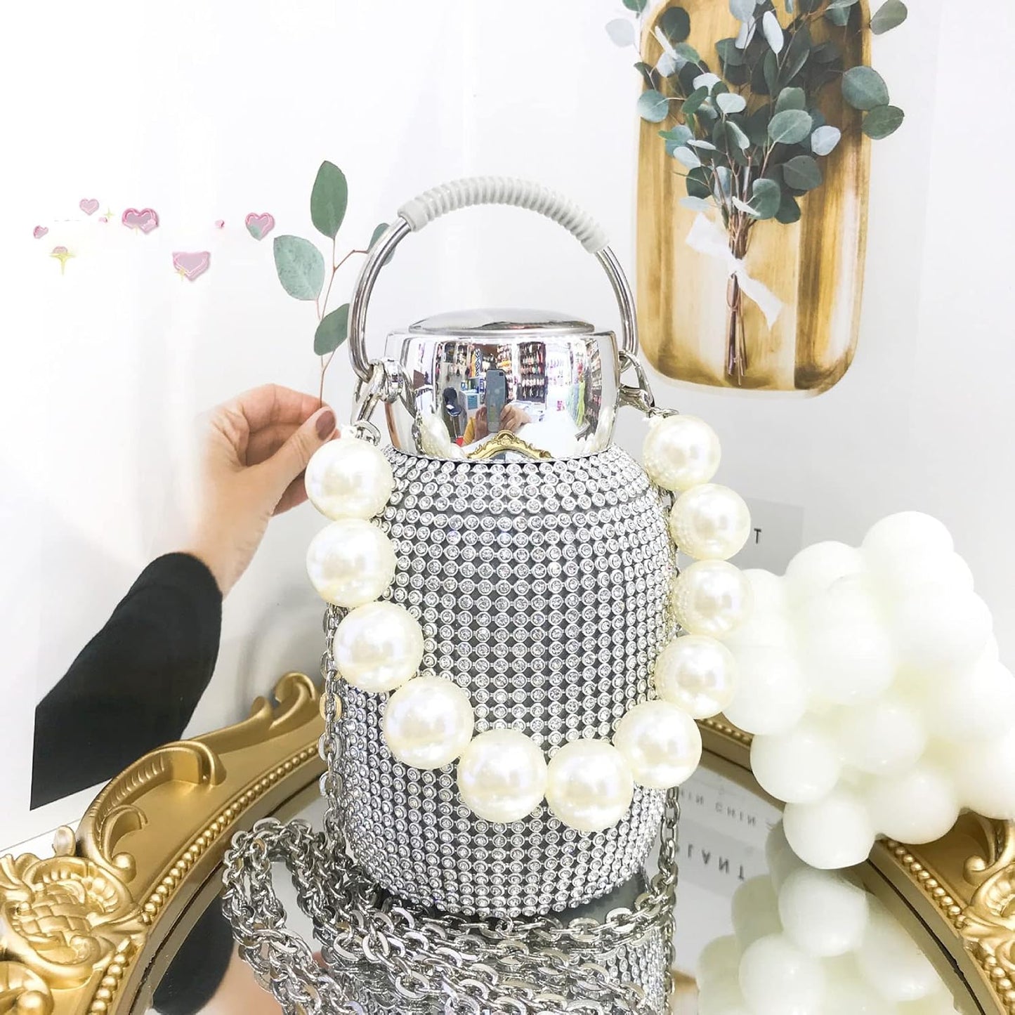 Water Bottle Rhinestone with Pearl Bracelet Chain Stainless Steel Bling Vacuum Flask Insulated Thermal Bottle Glitter Water Bottle for Women Christmas Birthday Gift,Silver No brand
