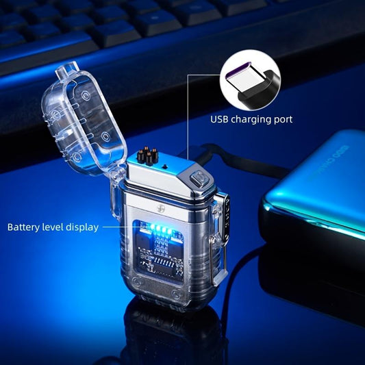 1pc USB Rechargeable Dual Arc Plasma Lighter with Flashlight - Portable Electronic Igniter for Outdoor Survival, Emergency & Exploration, Transparent Green & Yellow Design, Perfect Gift for Men and Women