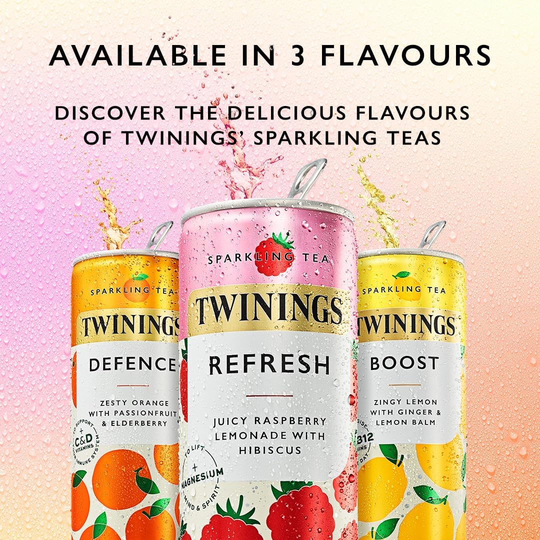 Twinings Defence -Orange and Passionfruit Flavoured Sparkling Tea-Refreshing Fruity Beverage(4X250Ml Cans)-No Added Sugar,Low in Caffeine/Calorie,Healthy Alternative,Antioxidant Rich,Vegan,Gluten Free