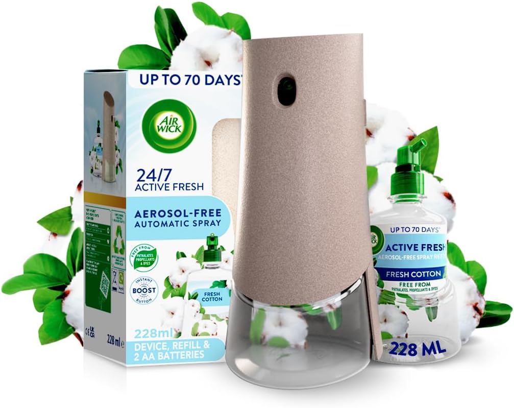 Air Wick Aerosol-Free Automatic Air Freshener Spray Kit, Eucalyptus & Freesia, 1 Gadget & 1 Refill (228Ml), 24X7 Active Fresh Odour Neutraliser, Lasts up to 70 Days, Air Freshener for Home