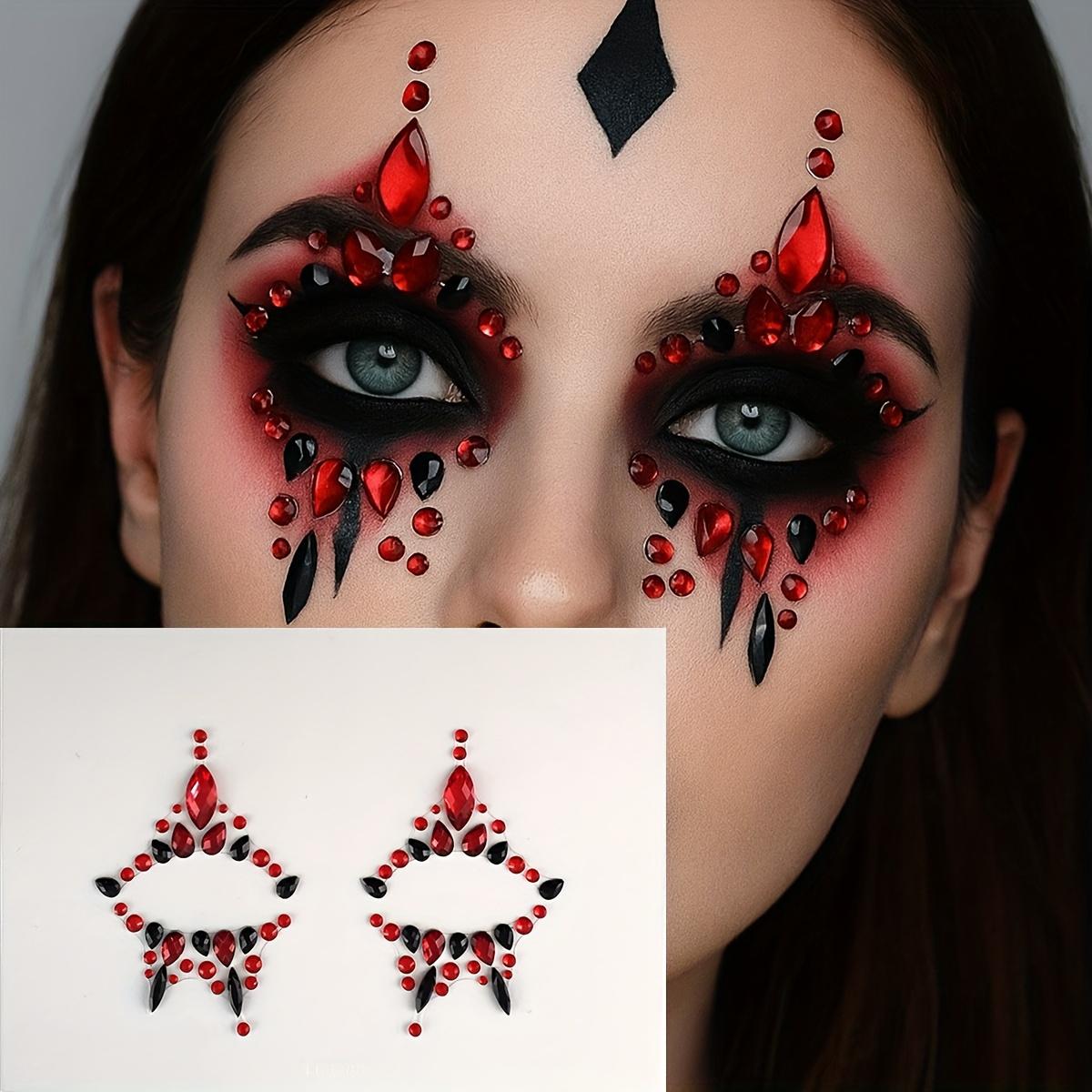 Sparkling Red Rhinestone Temporary Tattoo Patch Easy to Apply & Remove Long Lasting Adhesive for Halloween Costume Parties Gothic Makeup Reusable Face Decoration for DIY Beauty Looks Festival Accessories